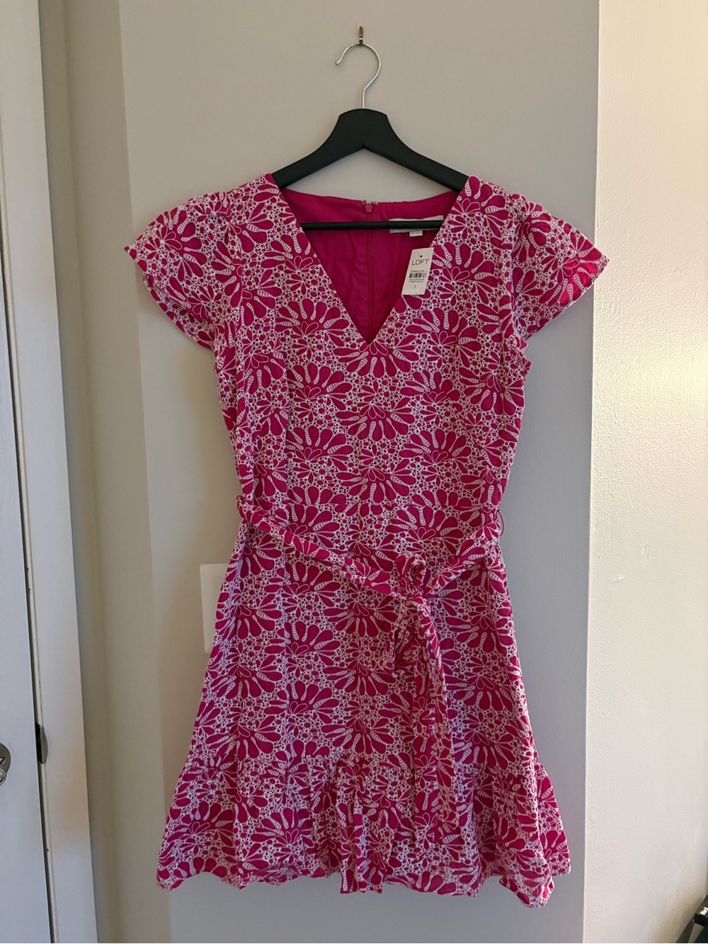 LOFT Pink and White Floral Embroidered Mini Dress
